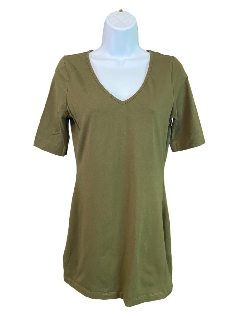 Venus V-Neck T-Shirt M Olive Green Minimalist Soft Stretch Basic Top Casual Chic